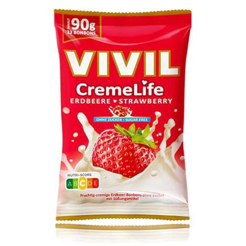 VIVIL Crema Life Fresa, 1 bolsa, caramelos de nata afrutada con sabor a fresa, sin azúcar y sin gluten, 1 x 90 g