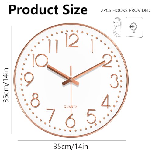 Image of Modern Silent Wall Clock, 14 Inch Wall Clocks Battery Operated | Large Number, Non-Ticking Analog Clock with Tempered Glass Quartz Clocks for Living Room Bedroom Office Kitchen, Rose Gold