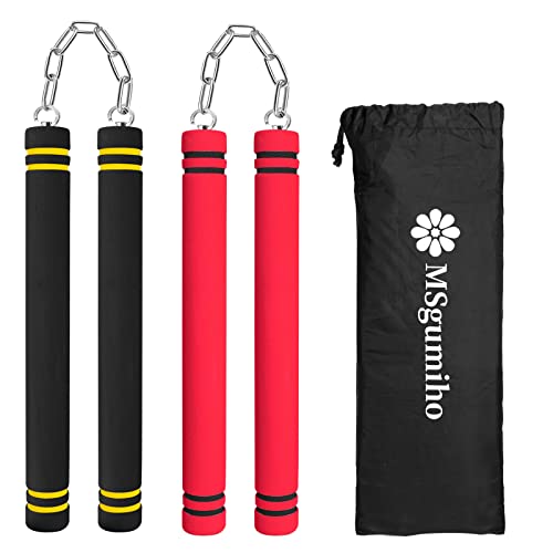 MSGumiho Nunchucks Safe Foam Rubber Training Nunchucks Nunchakus with Steel Chain for Kids Adults & Beginners Practice and Training(1Black+1Red)
