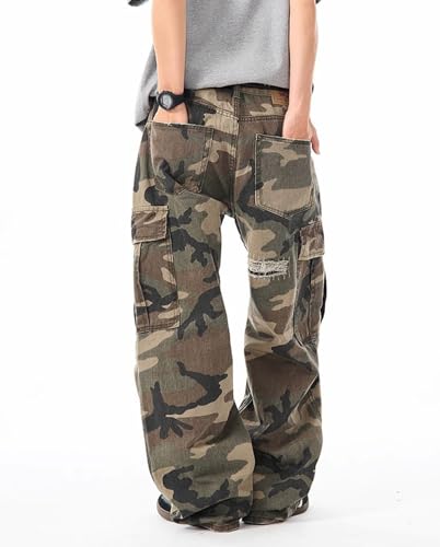 Mens Camo Cargo Jeans Mid Rise Flap Pockets Wide Leg Ripped Jeans Baggy Camouflage Y2k Streetwear Denim Pants2