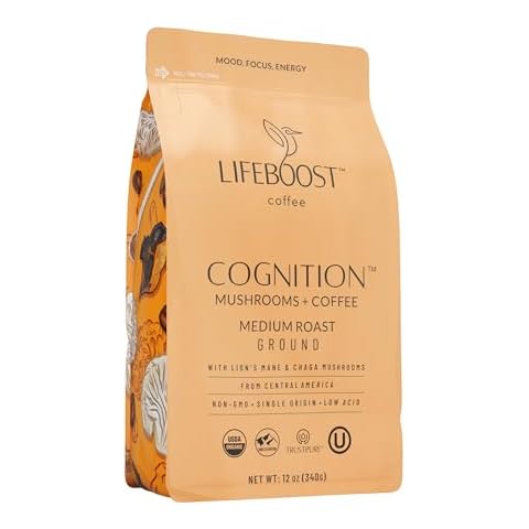 Lifeboost Cognition Adaptogenic Mushroom Coffee - Lions Mane & Chaga Nootropic Coffee - Great Tasting Medium Organic Coffee - Increase Energy, Boost Focus & Immune Support - 12 oz Bag - Ground Cover