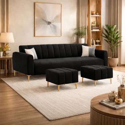 Image of Zora 5 Seater L Shape Sofa Set with 2 Movable Ottomans | Flexible Layout | Rich Velvet Suede Fabric | Silver Legs | Spacious Seating | Modern Sofa for Living Room (Black)