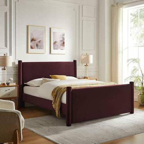 Modway Rael Full Platform Bed Frame with Upholstered Headboard and Footboard in Mulberry – Stain-Resistant Performance Velvet Full Size Bed with Rounded Posts