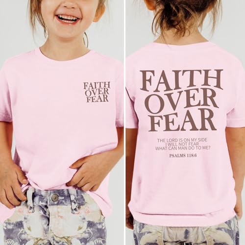 Image of Girls Faith Over Fear Christian Shirts for Kids Jesus God Bible Verse Religious Tshirt Cute Preppy Graphic Tees Tops