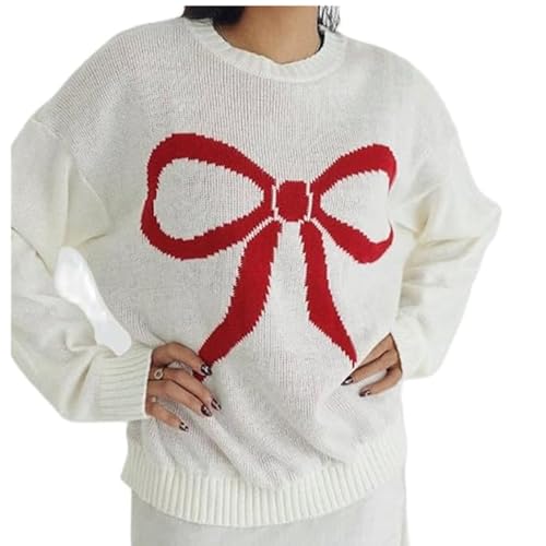 Image of Women Y2K Fall Sweater Cute Bow Print Long Sleeve Cable Knit Pullover Casual Oversized Jumpers for Women