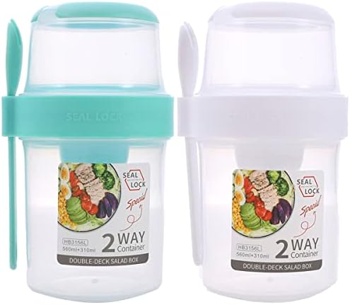 2 Pack Overnight Oats Container, 2-tier Overnight Oats Jars, Breakfast on the Go Cups with Lid and Spoon, Portable Yogurt Oatmeal Container Jar, Leakproof Cereal and Milk to Go Container for Adult Kid (A)