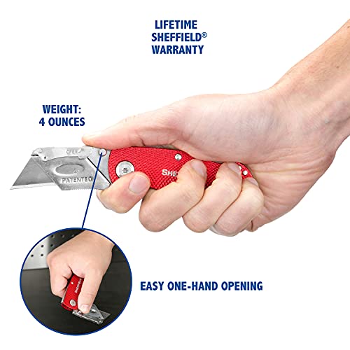 Image of Sheffield Folding Utility Knife, Accepts Standard Utility Knife Blades, Box Cutter Aluminum Handle, Razor Blades Included, For Home, Office, Trades, and Warehouse