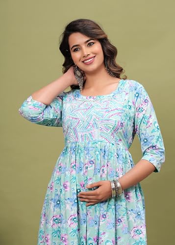 Image of Maternity Feeding Kurti for Women | Cotton Blend Anarkali Dress with Nursing Zip for Pre & Post Pregnancy