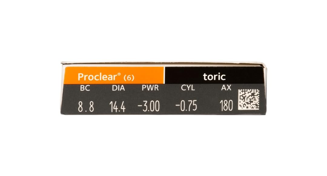 Proclear Toric, torische Monatslinsen weich, 6 Stück / BC 8.8 mm / DIA 14.4 / CYL -0,75 / Achse 020 / -07,00 Dioptrien