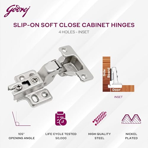 Image of Godrej Cabinet Hinges | Soft Close | Slip On | 4 Hole Half Overlay | BIFMA Tested Nickel Plated |105 Opening | Suitable for 14-20 mm Thick Panel| Wardrobe, Kitchen, Bathroom | 1 Year Warranty.