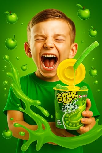 Image of CandiExotics Sour Dip Gummy Dip'N Stix - Green Apple Flavour | Chewy Candy with Liquid Dipping Sugar | 100% Vegan - 96