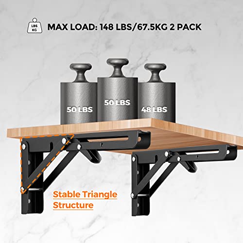 Image of Ravinte 2 Pack 10 Inch Folding Shelf Brackets - Matte Black, Heavy Duty Collapsible Brackets for Tables and Benches - Space-Saving Design
