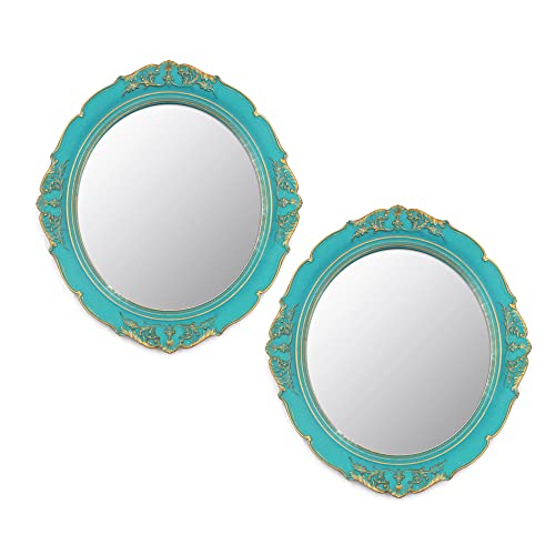 Eaoundm Espejo de Pared Decorativo de 13.1 x 14.8 Pulgadas, Espejos Colgantes Vintage para Dormitorio, Sala de Estar, tocador, decoración Ovalada (Azul 2 Piezas)