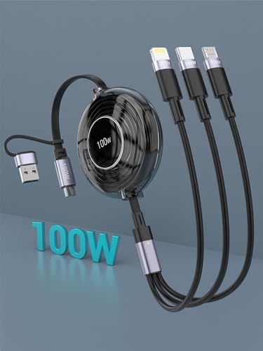 100W Retractable Multi Charging Cable, 6 in 1 iPhone Charger Cord with E-Mark Chip, 100W USB A/USB C Fast Retractable iPhone Charging Cable with Type C/Micro USB/IP for iPhone 15/Samsung/MacBook