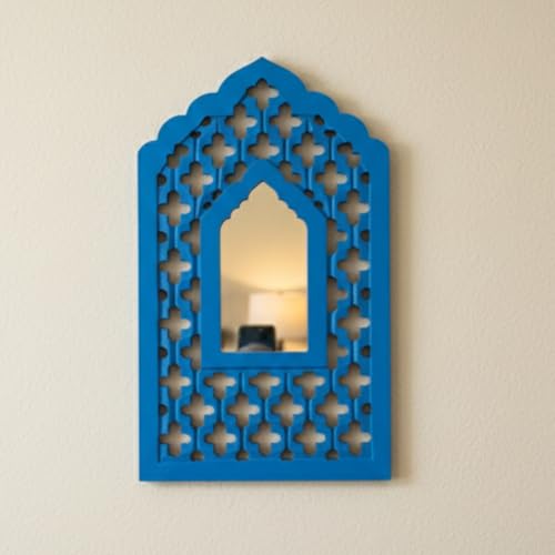 Image of Nandni Homeware Handcrafted Traditional Wooden Jharokha Wall Art with Mirror Work | Boho Vintage Style Decorative Wall Hanging for Living Room, Bedroom & Home Interiors (Blue Mughal)