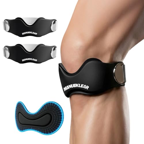 MANUEKLEAR V-Shaped Patella Bands Adjustable Flex Wrap Patellar Tendon Support Strap for Men Women Silicone Patella Knee Straps Suitable for Pain Relief Running Hiking Basketball (2pcs) (Black)