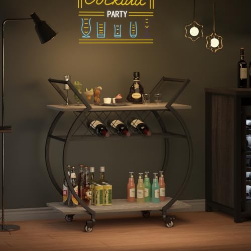 LVB-Bar-Cart-with-Wine-Rack-2-Tier-Farmhouse-Kitchen-Cart-on-Wheels-Modern-Wood-and-Metal-Portable-Coffee-Cart-Table-for-Home-Utility-Industrial-Mobile-Serving-Cart-with-Storage-Shelf-Grey-Oak LVB Bar Cart with Wine Rack 2 Tier Farmhouse Kitchen Cart on Wheels Modern Wood and Metal Portable Coffee Cart Table for Home Utility Industrial Mobile Serving Cart with Storage Shelf Grey Oak