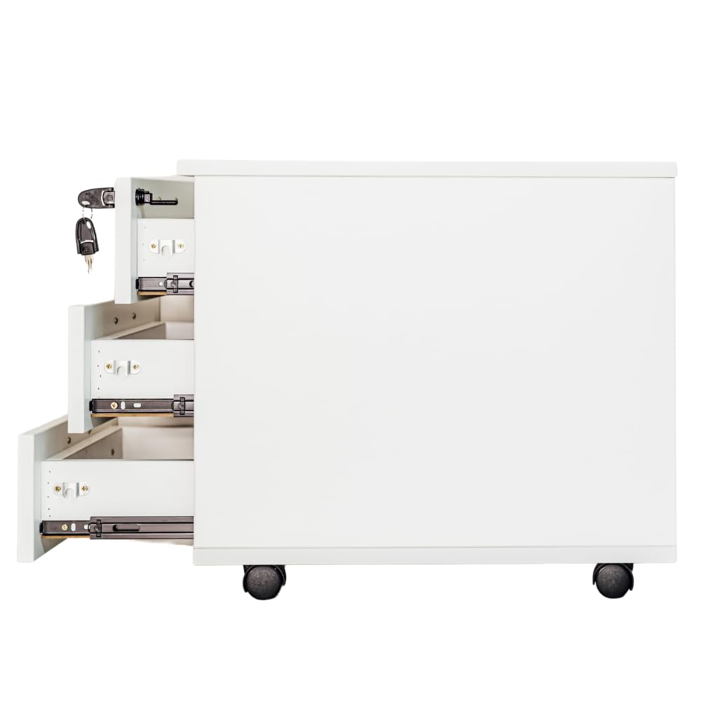 Cassettiera da Ufficio con Rotelle, Mobile con Tre Ampi Cassetti - Già Montata, Elegante e Pratica Soluzione per Organizzare Documenti e Accessori nel Tuo Spazio di Lavoro (Bianco)