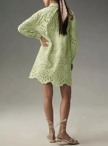 Image of CHARTOU Women Eyelet Lace Dress Button Down Shirt Loose Fit Summer Casual Mini Dress