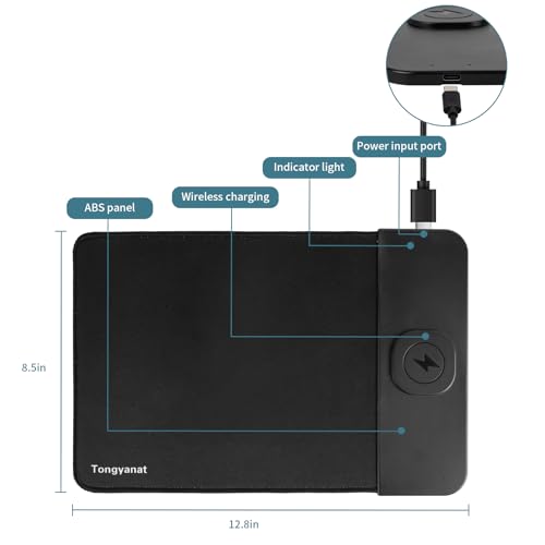 15W Wireless Charging Mouse Pad, 2 in 1 Desk Pad with Non-Slip Rubber Base, Fast Qi Wireless Charger for iPhone/Computers/Home Charging Devices, 12.8 * 8.5in Mouse Pad - Black - Image 5