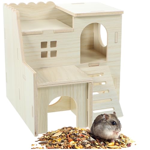 LOGOFUN Wooden Hamster Hideout Castle Multi-Chamber Habitat Wooden Hide Hut with Climbing Ladder Pet Hideout for Guinea Pig Chinchillas Hamsters Guinea Pigs Small Animal Cage Accessories