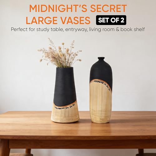 Image of Aakriti Art Creations | Midnight's Secret Large Vase Set of Two Living Room & Bedside Home Decorative Flower Terracotta Vases (5X5X9.6, 4X4X11.5)