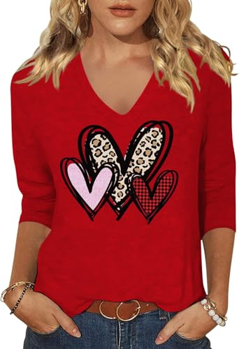 Image of Womens 3 /4 Sleeve V Neck Valentine T Shirts Love Heart Printed Graphic Tee Tops