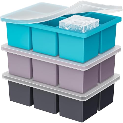 Image of Large Ice Cube Tray for Whiskey: Silicone Ice Cube Trays with Lid - 3Pack Big Square Old Fashioned Ice Cube Maker for Cocktail - 2inch Huge Cubed Ice Trays (Black+Sky+Purple(3pack)(6 Grid))