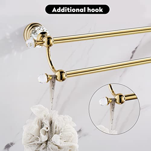 Wincase Crystal Towel Holder Double, Adjustable Gold Towel Bar 18 To 30 Inch, Towel Rack Rail For Bathroom Wall Mounted #TOP4