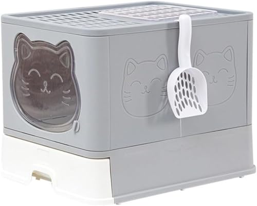 Sefoemut 猫用トイレ ネコトイレ ペット用トイレ 大型 大きめ 2way出入り方法 シート付 猫砂 飛び散り防止 臭い防止 簡易 清潔 掃除簡単 お手入れ簡単 掃除しやすい 丸洗い (グレー,51*41*38.5)