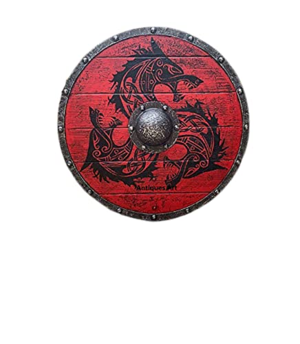 HIGHBIX Medieval Vikings Era Adult Size 24 Shield Handmade Natural Wood & Iron Battle Play Halloween Warrior Cosplay Dark Red