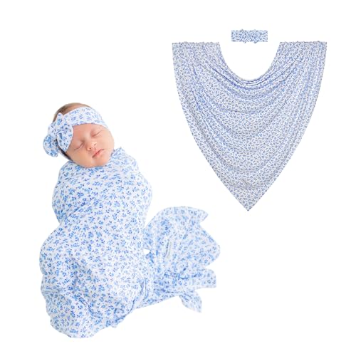 Image of Posh Peanut Swaddle Blanket & Headband Set - Viscose from Bamboo Stretchy Baby Swaddle for Newborn Girls, Receiving Blanket or Nursing Cover