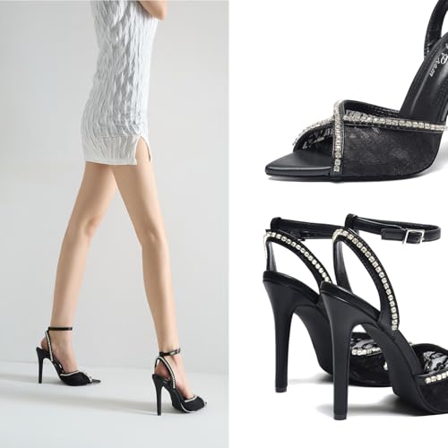 Womens 4.3" Stiletto Open Toe Sandals Rhinestone & Lace Ankle Strap Nightclub Party Wedding Shoes2