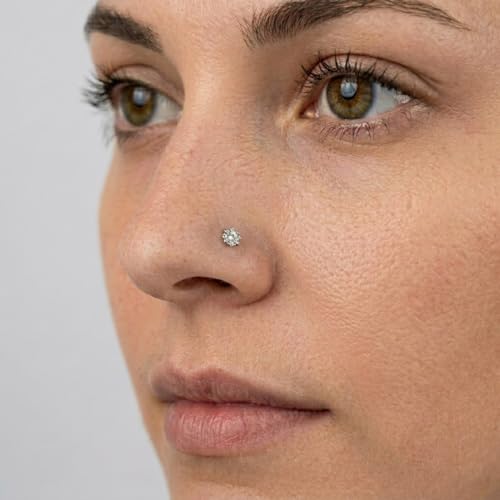 Image of Parnika 925 Sterling Silver Solitaire CZ Nose Pin | Small Size Piercing Nose Stud with Secure Screw Back | Elegant Silver Nose Ring for Women & Girls