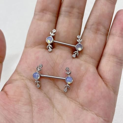 Kokoma 14G CZ Heart Nipple Rings Rhinestone Opal Simple Moon Nipple Shield Barbell Ring Nipple Barbells Tongue Ring Piercing Nipplerings Dainty Body Piercing Jewelry for Women3