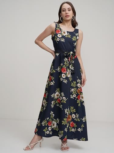 Image of Tokyo Talkies Women's Elegant Blue Printed Maxi Dress with Sleeveless Style Perfect for Casual & Semi-Formal Occasions