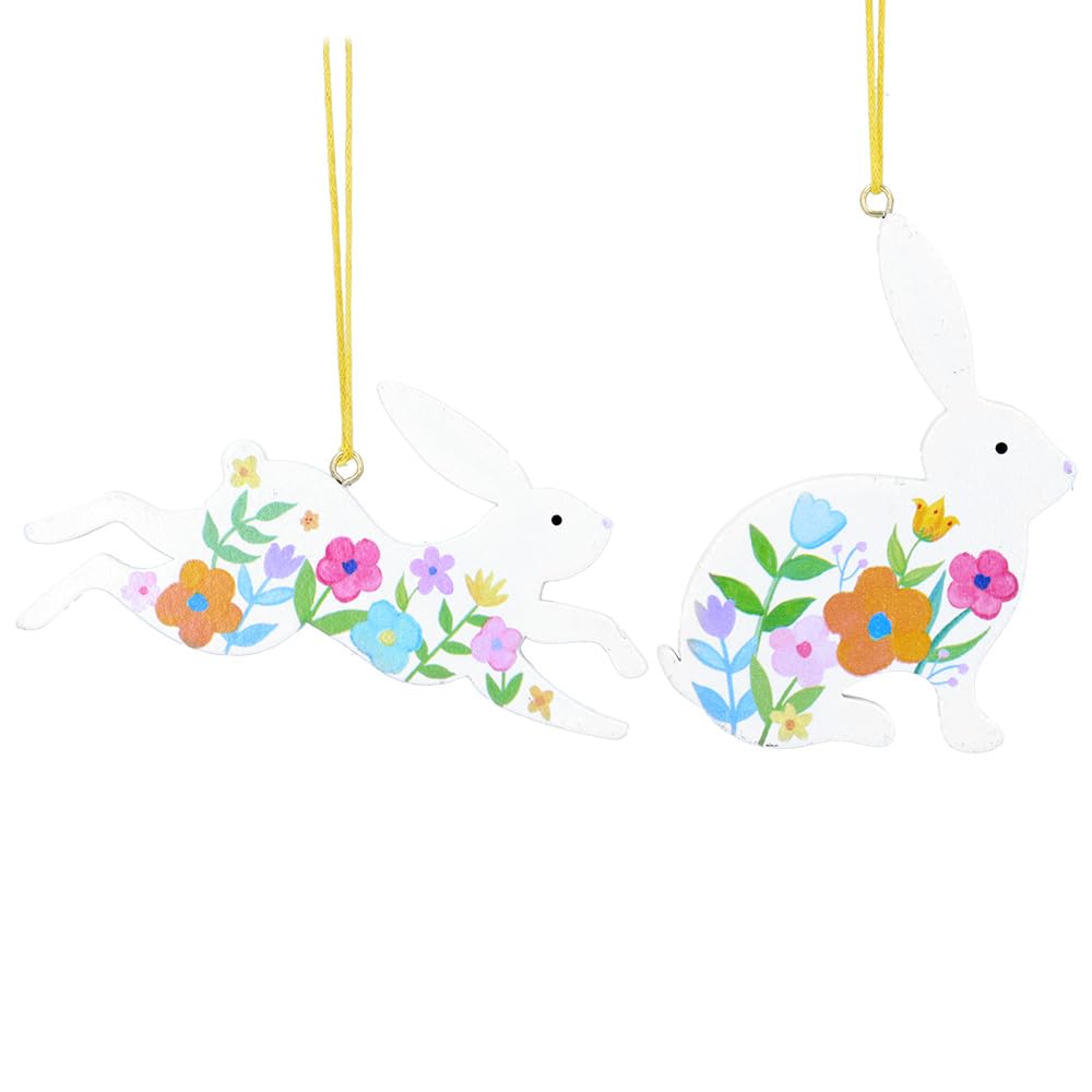 Gisela Graham Pastel Flowers White Wooden Hare Easter Decorations - set of two