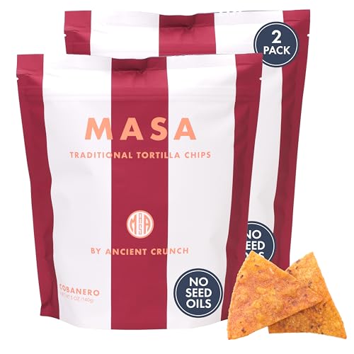 MASA Chips - Cobanero Tortilla Chips - Handmade Corn Tortillas - Spicy Chips & Snacks - Naturally Grown Yellow Corn, Grass Fed Tallow, Sea Salt, Chili - Seed Oil-Free Hot Chips - 2 Pack 5 Ounce Each