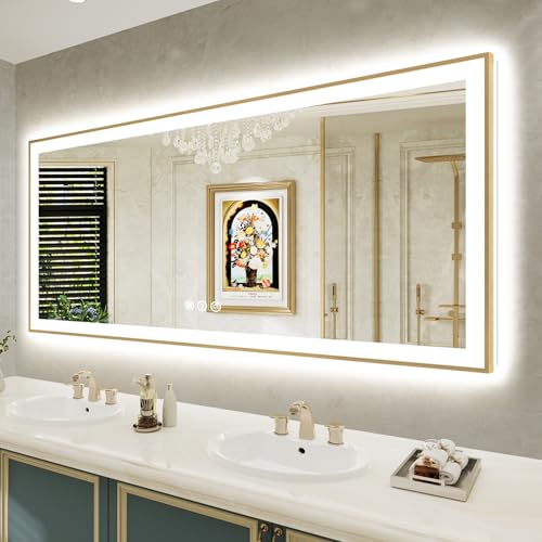 Image of 72x32 LED Bathroom Mirror with Lights, Gold Framed Lighted Mirror | Backlit and Front light, Anti-Fog, 3 Color Dimmable, Memory, Tempered Glass, IP54 Waterproof, UL Listed