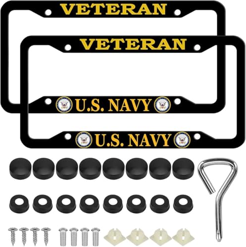 Image of 2PCS License Plate Frames for Veteran U.S.Navy,Car License Plate Bracket Holder, Premium Aluminum Alloy Weather Proof License Plate Covers with Screw Caps Cover Set Car Accessories