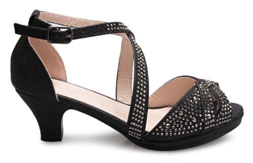 Olivia K Girl's Cute Adorable Strappy Glitter Open Toe Heel Sandals - Adjustable Buckle, BLACK 92