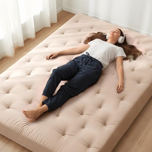 Image of ZonLi Japanese Floor Futon Mattress Queen Size 80 inchx 60 inch,100% Cotton Cover 6'' Thicken Tatami Mattress,Foldable Sleeping Pad,Portable Dormitory Tatami Mat,Roll Up Floor Lounger Bed for Adult (Khaki)