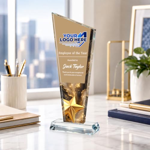 Image of Custom Crystal Trophy Award Personalized Plaque Award with Text Logo Photo Awards Trophies for Employee Recognition Team Graduation Personalized Office Gifts for Boss Coworker Teacher