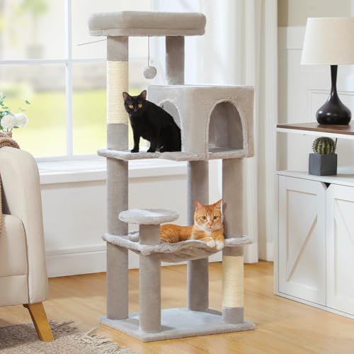 Image of MUTTROS Cat Tree for Indoor Cats, 44.5 inch Multi-Level Cat Tower with Large Metal Frame Hammock, Cat Condo with 2 Scratching Posts and Top Perch for Small to Medium Cats, Grey