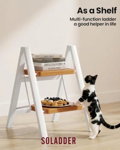 Image of SOLADDER 2 Step Ladder, Lightweight Folding Step Stool, White+Woodgrain
