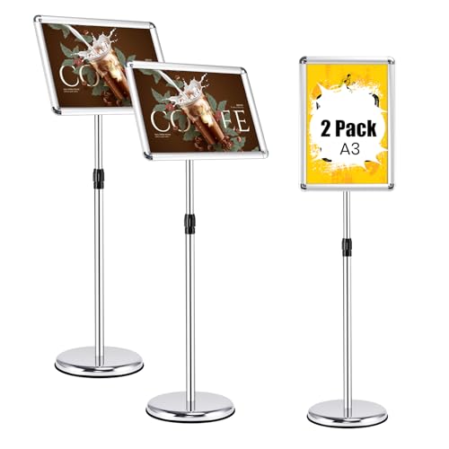 COSTWAY Porte Affiche sur Pied A3 Lot de 2, Présentoir sur Pied 360 Degrés, Hauteur Réglable 89.5-134 cm, Cadre en Alliage d'Alu, Tube en Acier INOX, Support Affichage A3 (Argent x 2,A3)