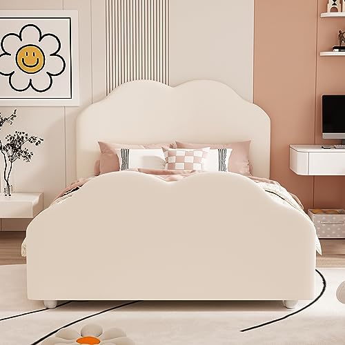 Hmdpoo Polsterbett Kinderbett 90x200 cm, Wolkenförmiges Kopf- und Fußteil, Hohe Seitenbarriere, Hautfreundlicher Samt, Stabiler Holzrahmen, Beige Gris Pinky, Einzelbett ohne Matratze (Beige)