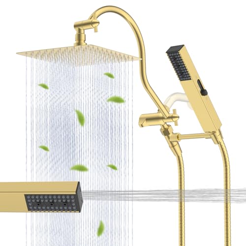 Hibbent All Metal cUPC Certified Shower Head, 10'' High Pressure Rainfall Shower Head Combo, Handheld Shower Wand, 12'' Adjustable Extension Arm, 4-Spray, 71'' Hose, Shower Holder, Brushed Gold