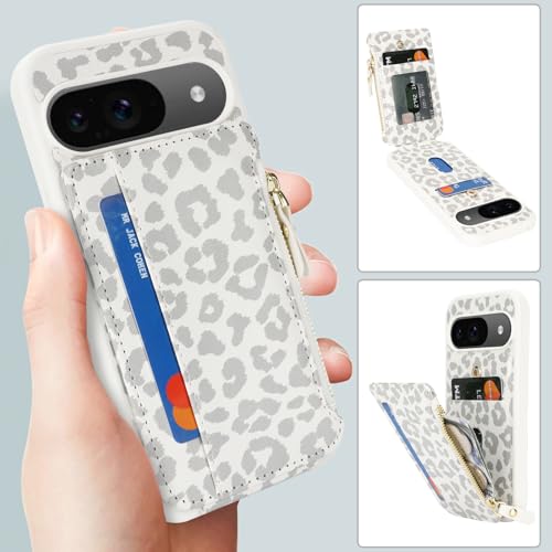 Image of Cavor for Google Pixel 9 /9 Pro Case Wallet with Card Holder, Leopard White