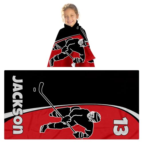 GRESATEK Personalized Microfiber Pool Beach Towel: Custom Name Red Hockey Towels for Baby Kids Adults - Quick Dry Bathroom Towels Gifts, Cotton and Microfiber, with Travel Bag(30x60inches)